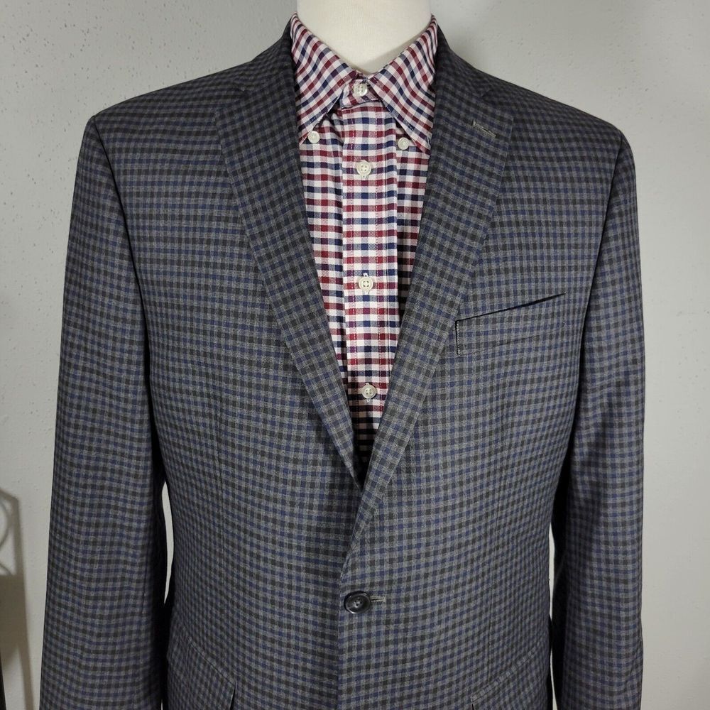 Michael Kors Men's Sport Coat Blazer Two Button Checked Navy Gray Poly Blend 42L